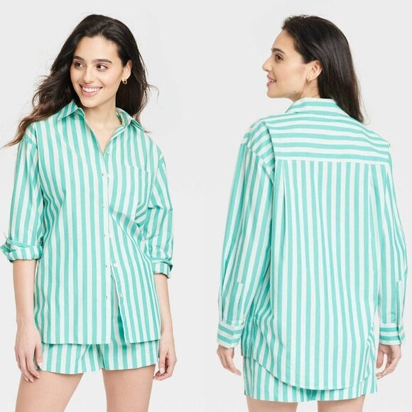 a new day Tops - XL - Womens Long Sleeve Button-Down Shirt - A New Day - Green Striped